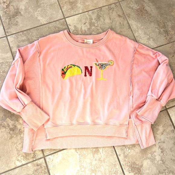 Boutique Fantastic Fawn Tacos & Margaritas Sequin Patch Light Pink Sweatshirt 🌮🍹 - Picture 11 of 14